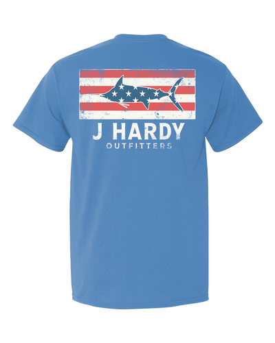 Cast a line for freedom with our symbolic "Patriot Marlin" t-shirt. This classic-fit tee features a majestic marlin breaching through a subtle American flag design. It's a powerful representation of the American spirit of adventure and the thrill of the chase.