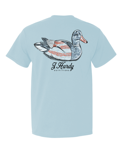 Celebrate American spirit with a touch of feathered flair in our "Mericana Decoy" t-shirt! This classic-fit tee features a charming illustration of a duck adorned with the American flag, a playful symbol of American pride and your love for the outdoors.