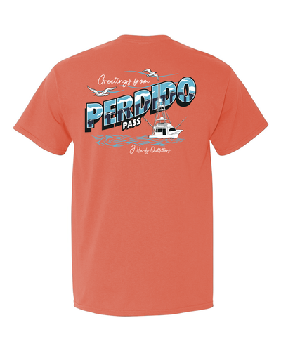 Embark on a voyage of Southern charm with our "Greetings From Perdido Pass" t-shirt. This classic-fit tee features a timeless illustration of a majestic fishing boat cruising towards the iconic Perdido Pass, capturing the essence of the Southern gentleman's connection to the coastal way of life.