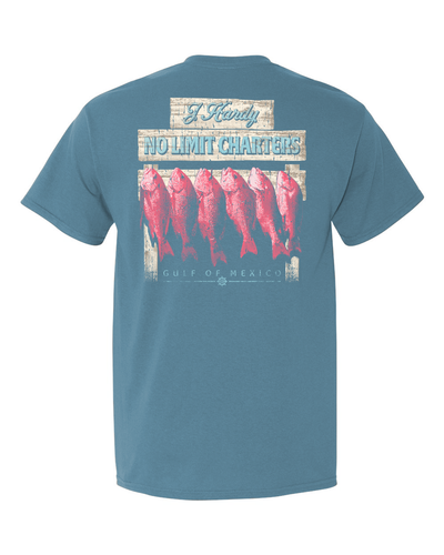 Commemorate your offshore victory with the "No Limit Charters" t-shirt! This classic-fit tee features a dynamic illustration of a freshly caught red snapper, a prized trophy for any deep-sea angler. Paired with the "No Limit Charters" text, it's a badge of honor for those who conquer the challenges of the open ocean and return with unforgettable memories.