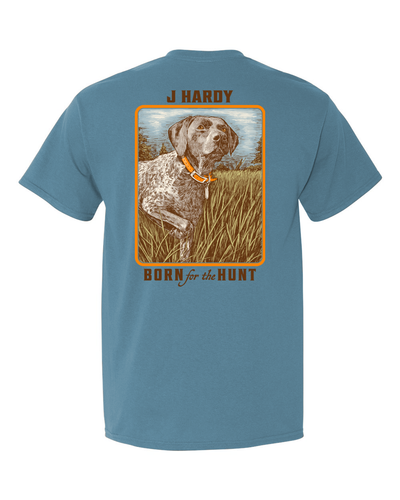 Embody the spirit of the Southern sportsman with our "Born for the Hunt" t-shirt. This classic-fit tee features a subtle yet evocative illustration of a hunting dog poised in the tall grass, perfectly capturing the essence of the Southern gentleman's pursuit.